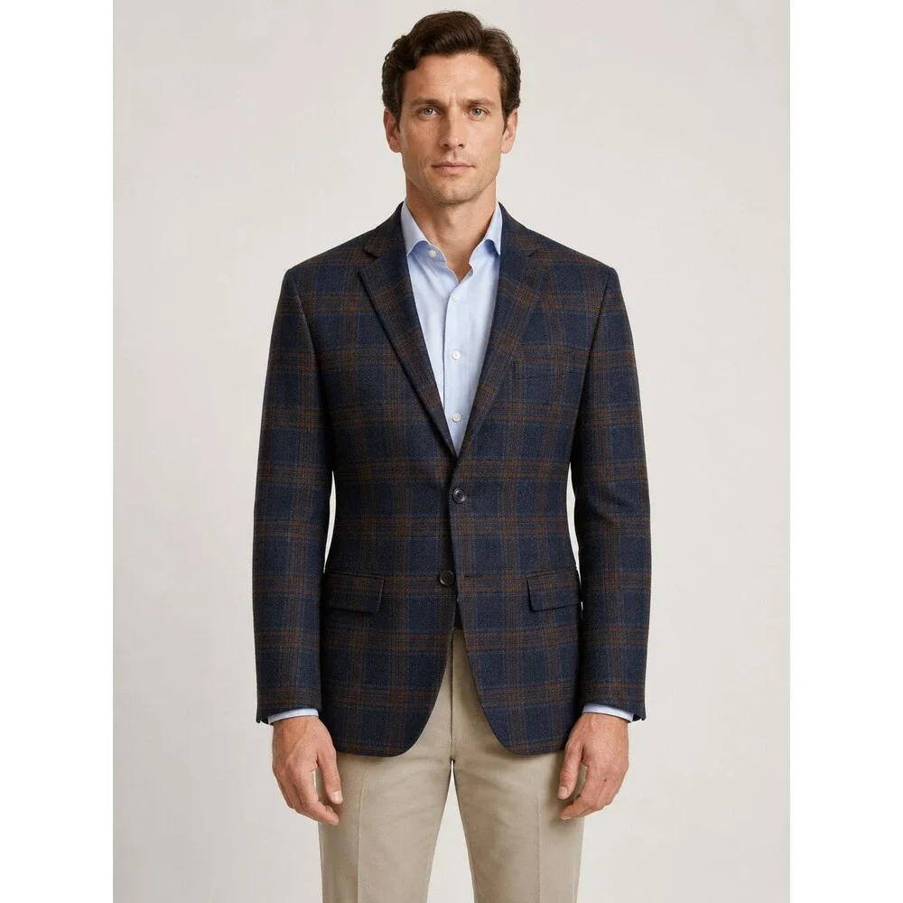 The Savile Row Co Mayfair-C Brit Slim Plaid Blazer 38R Navy Brown NWT